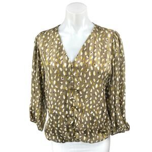 Haven & Blair Green Multicolor Long Sleeve Abstract Button Down Blouse Top Sz M